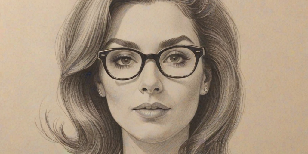 Pleasing Bobbie Phillips, pencil sketch, portrait of Bewitching woman 1966s in glasses, hair style beatnik, outline, clear lines, fine lines, 8k
