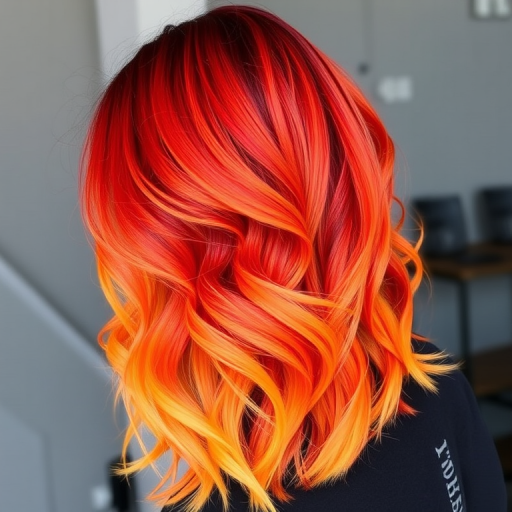 Fierce flame-inspired ombré named "Phoenix Rising" transitions from deep crimson roots to vibrant orange mid-lengths and brilliant yellow tips, styled in voluminous layers