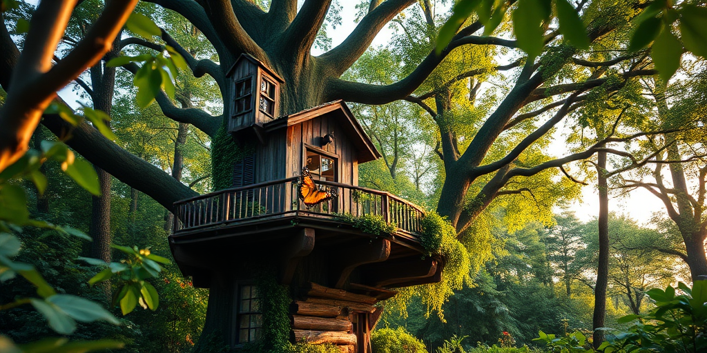 fantasy treehouse in a lush forest with vibrant greenery and a butterfly, shot with a Canon EOS R5, 50mm lens, f/2.8 aperture, ISO 100, soft golden hour lighting, high dynamic range, shallow depth of field, taken from a low angle perspective to emphasize height and detail