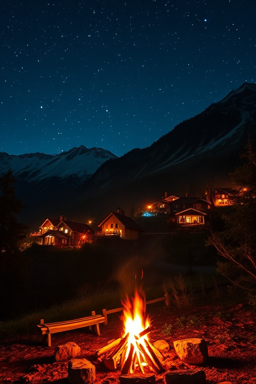 Create a serene nighttime village scene in a mountainous landscape with starry skies, warm glowing lights from cottages, a crackling campfire in the foreground, and lush trees, captured using a DSLR camera with a 24mm lens, f/8 aperture, ISO 400, and a long exposure to enhance the details and colors.