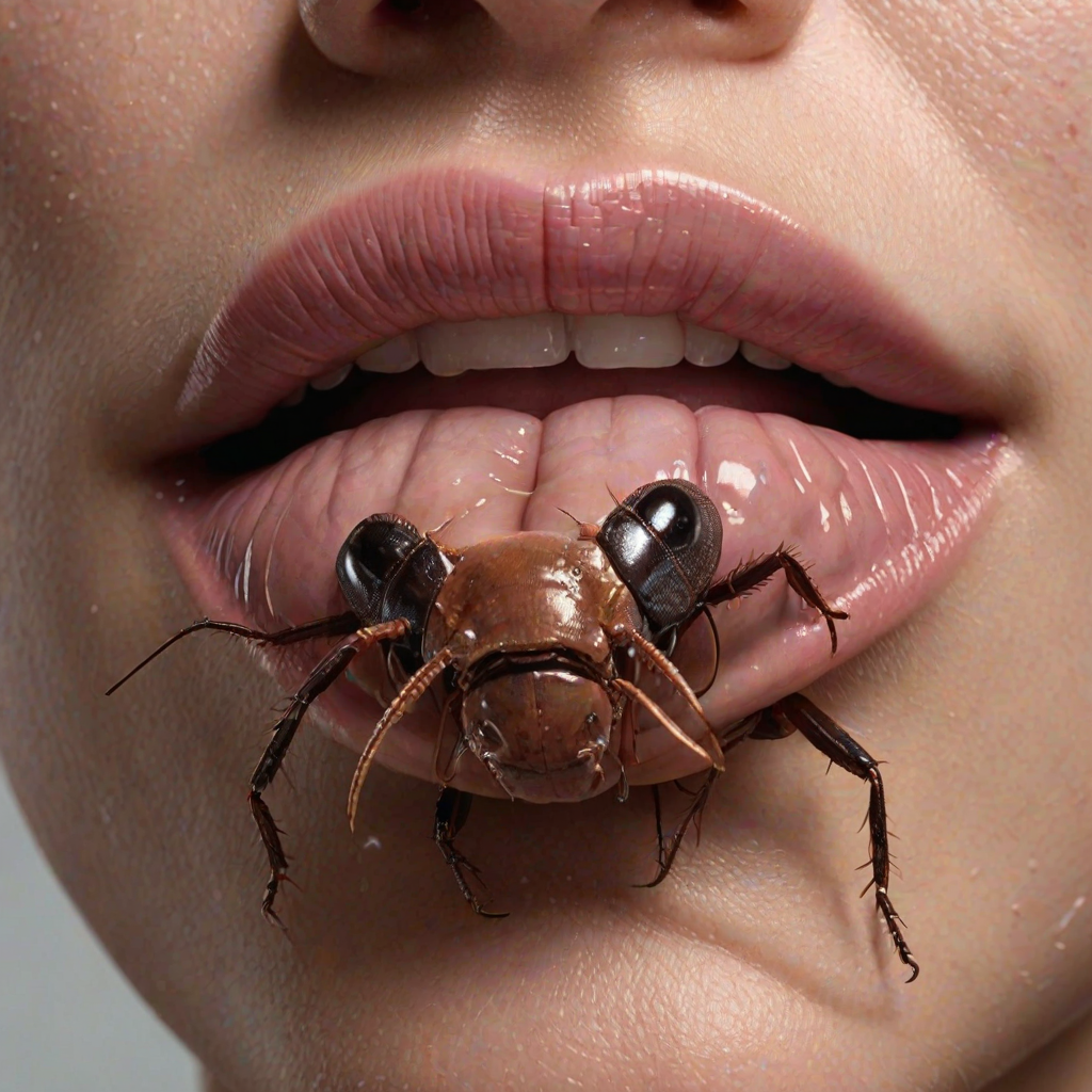 Written name "name" in ginat letters Close-up of realistic human lips, soft pink and glossy, with detailed textures A small vividly cockroach with sharp teeth is crawling out of the mouth The cockroach's skin is highly detailed with a shiny texture and its teeth are menacing and sharp The lips appear moist with subtle reflections of light and the cockroach contrasts starkly with the smooth skin of the lips Hyperrealistic style with intricate textures and lighting