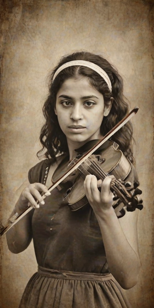 a young Romani woman with a white headband playing a violin, in the style of a charcoal drawing, sepia grunge background
