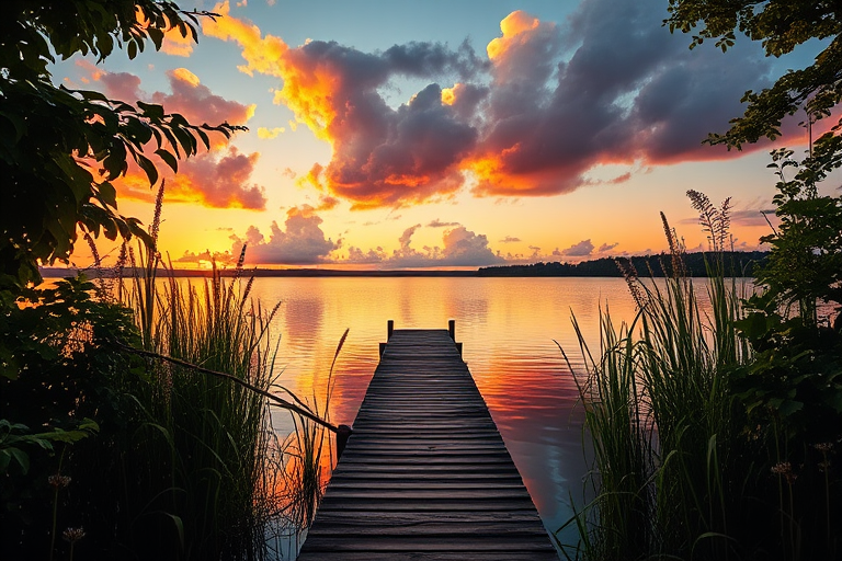 Generate a vibrant sunset scene over a calm body of water featuring a wooden dock extending into the lake, lush greenery framing the foreground, with clouds reflecting warm colors in the sky, shot with a Canon EOS R5, 24mm lens, f/11 aperture, ISO 100, shutter speed 1/125 sec, golden hour lighting.