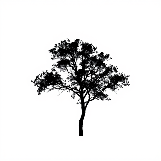 Create a high-resolution image of a simple black silhouette of a tree on a white background using a DSLR camera with a 50mm lens, aperture set to f/2.8, ISO 100, shot from a low angle for a dramatic effect.