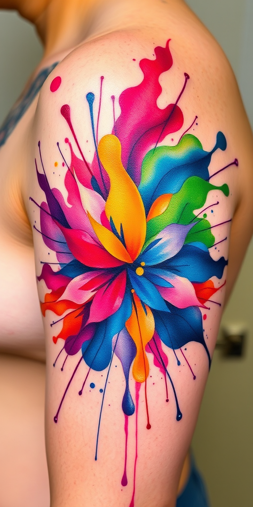 Watercolor splash tattoo called "Chromatic Explosion" showcasing vibrant bursts of color that appear to explode across the skin, with abstract shapes and fluid lines blending seamlessly into one another, creating a dynamic and energetic composition