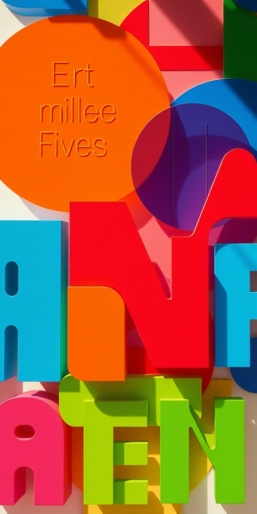 Create an abstract image of colorful overlapping shapes and letters, using a Canon EOS R5 with a 50mm lens at f/1.8, ISO 100, and a shutter speed of 1/200s, capturing a vibrant and dynamic composition in soft natural lighting.