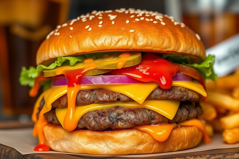High-resolution, close-up image of a gourmet double cheeseburger. The burger features a glossy, sesame-seed-topped brioche bun. Inside, there are two thick, juicy beef patties, each topped with melted cheddar cheese. The burger is garnished with fresh lettuce, tomato slices, diced onions, and pickles. A generous amount of ketchup and a creamy, orange-colored sauce is dripping down the sides, adding to the mouth-watering appeal. In the background, there are blurred elements including a side of golden French fries and a hint of a beverage, enhancing the overall presentation of a delicious meal.