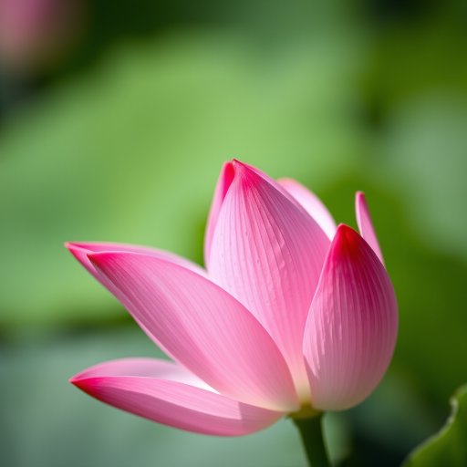 Capture a close-up of a pink lotus flower with soft-focus background, using a DSLR camera, 50mm lens, aperture f/2.8, ISO 100, natural lighting, and a shallow depth of field.