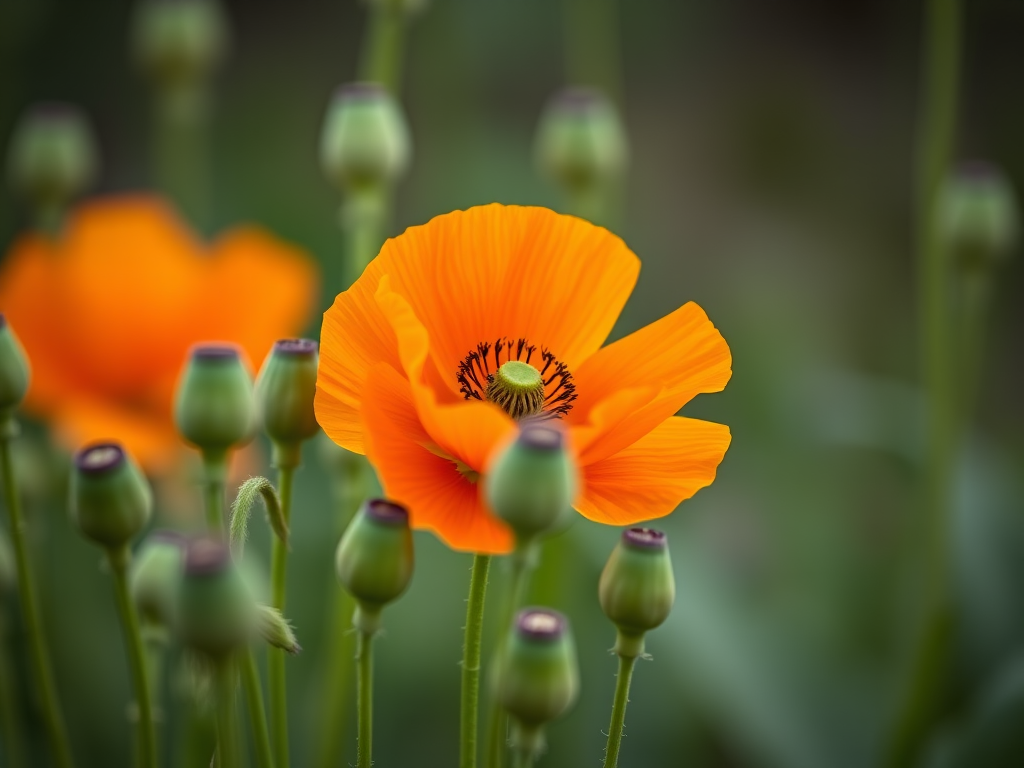 A vibrant orange poppy flower seen amongst green buds, shot with a Canon EOS 5D Mark IV, 50mm lens, aperture f/2.8, ISO 100, natural lighting, shallow depth of field for background blur.