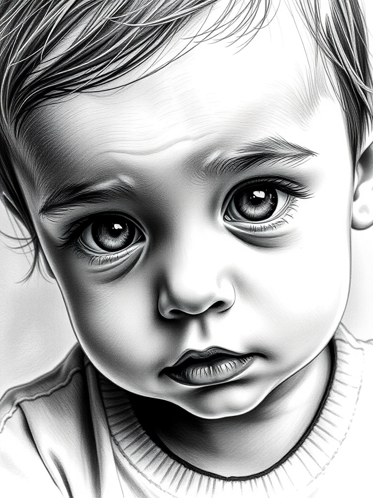 A hyperdetailed photorealistic black and white sketch of a beautiful toddler with deep white eyes, with a macro focus