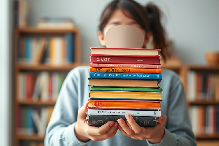 Create a digital illustration of a person with no visible face holding a stack of colorful books, with a soft-focus background to enhance depth, using a Canon EOS R5 camera with a 50mm f/1.2 lens, aperture set to f/2.8, and a low-angle view to emphasize the books.