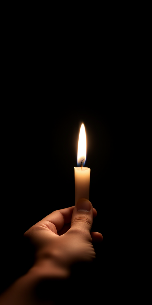 A hand holding a lit candle against a black background, soft focus, ISO 100, f/2.8, 1/125s, 50mm lens, shallow depth of field, macro photography style.