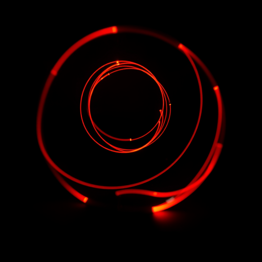 Create a radiant orb with swirling red and orange light spirals on a black background, using a Canon EOS R camera with a 50mm lens, aperture f/1.8, ISO 100, shutter speed 1/60 sec, shot from a close-up perspective with a high-contrast setting.