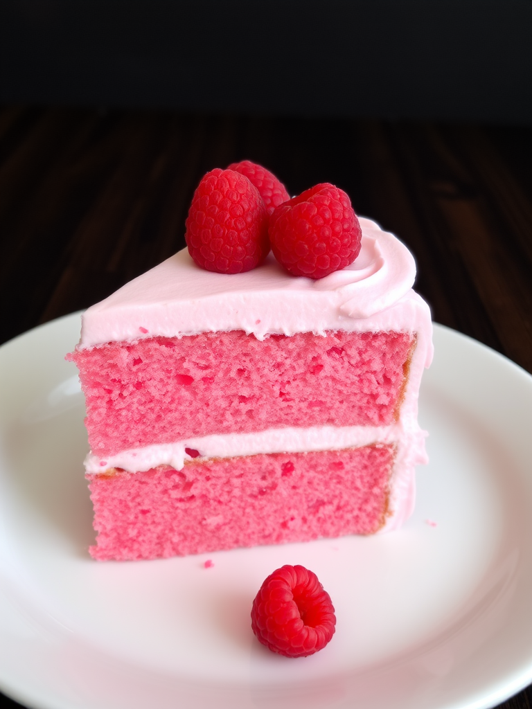 A delicious slice of raspberry cake featuring a vibrant pink sponge layer topped with fluffy raspberry cream frosting garnished with fresh raspberries served on a white plate with a dark wooden background.