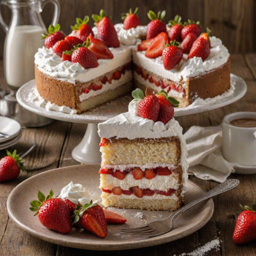 Create a delicious dessert image featuring a slice of cake layered with fresh strawberries and whipped cream. The cake should have a light, fluffy texture and be dusted with powdered sugar. Add a few strawberries on the side for garnish. The setting should be a rustic wooden table to enhance the warm, inviting feel of the dessert.