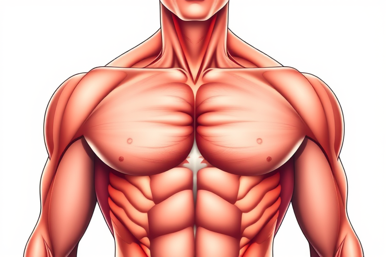 Illustration of an anatomical male torso highlighting muscles, detailed line art with focus on pectoral and shoulder areas, using a high-resolution digital art style, shot from a frontal perspective, with a soft lighting effect to enhance muscle definition, using a DSLR camera with an aperture of f/8, ISO 100, and a focal length of 50mm.