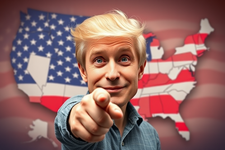 Generate an image of a caricature of a man with blond hair pointing forward in front of a U.S. map filled with the American flag, shot with a DSLR camera at f/8 aperture, ISO 100, 50mm lens, taken from a 45-degree angle with bright studio lighting for vibrant colors.