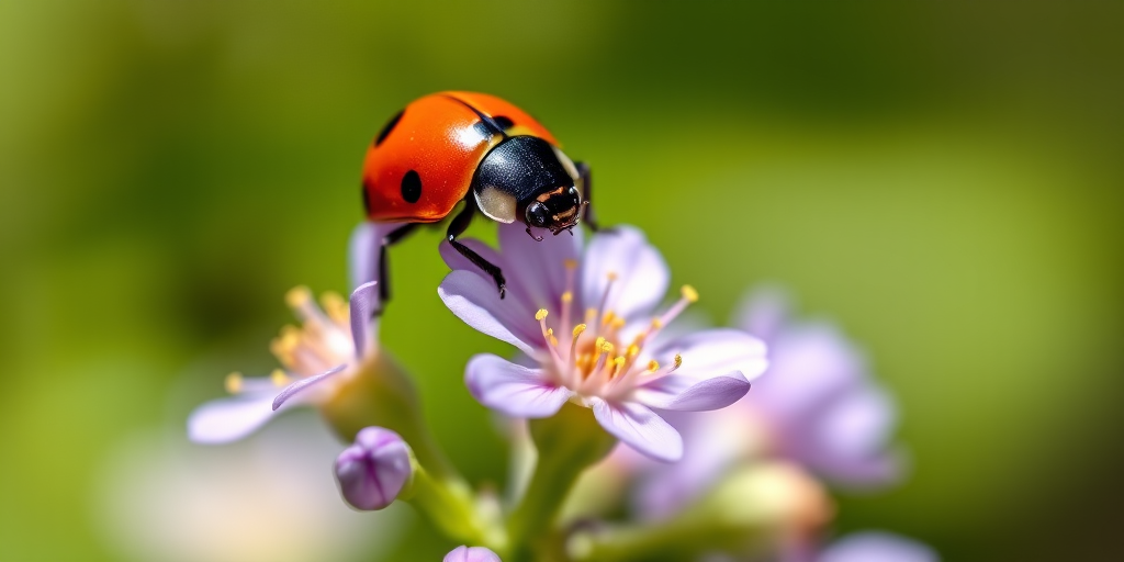 macro shot of a vibrant ladybug perched on a delicate purple flower with a blurred green background, aperture f/2.8, shutter speed 1/125s, ISO 100, 100mm lens, DSLR camera, bright natural lighting, shallow depth of field
