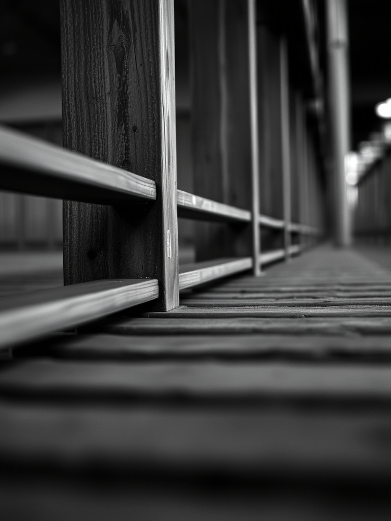 captured with a DSLR camera, 35mm lens, f/8 aperture, ISO 100, 1/250 sec shutter speed, low angle view, focus on wooden slats, monochrome style, high dynamic range to enhance contrast and texture in the image