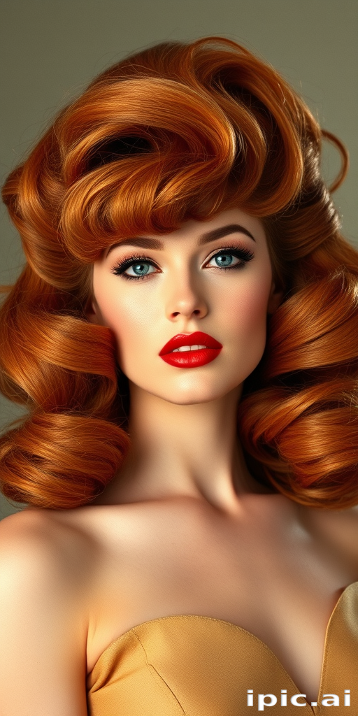 Dazzling copper-haired siren flaunting voluminous curls in a retro-inspired bouffant, channeling 1960s glamour and sophistication