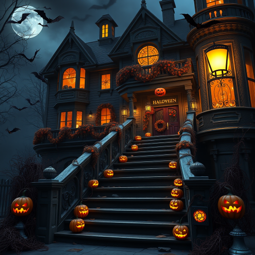 airbrushed oil painting, halloween theme, a haunted house, stairs, highly decorated, illuminated, lanterns, jack o'lantern, bats, webcobs