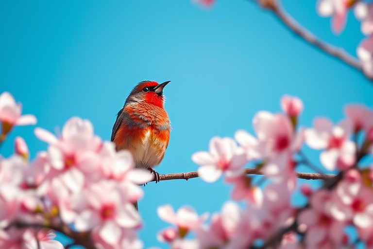 A vibrant bird perched among blooming cherry blossoms, shot with a Canon EOS 5D Mark IV at f/2.8, ISO 100, 1/200s, capturing the delicate pink flowers and blue sky in a shallow depth of field for a dreamy effect.