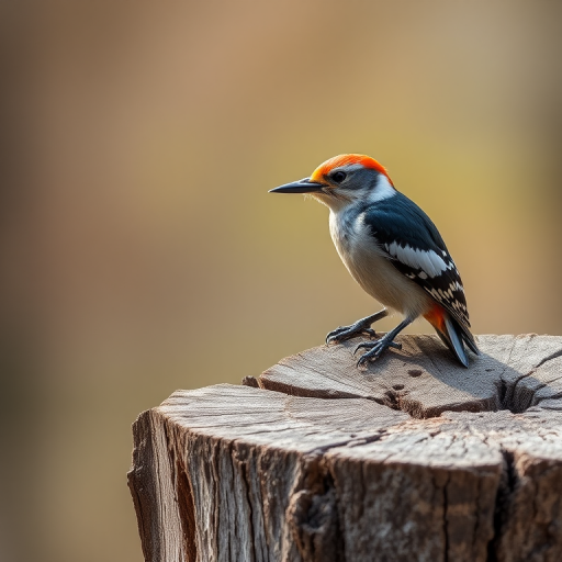 Capture a close-up shot of a woodpecker perched on a weathered stump with a soft blurred background, using a Canon EOS 5D Mark IV, 100mm f/2.8 macro lens, aperture f/4, ISO 200, shutter speed 1/200 seconds, natural light for enhanced detail and vibrant colors.