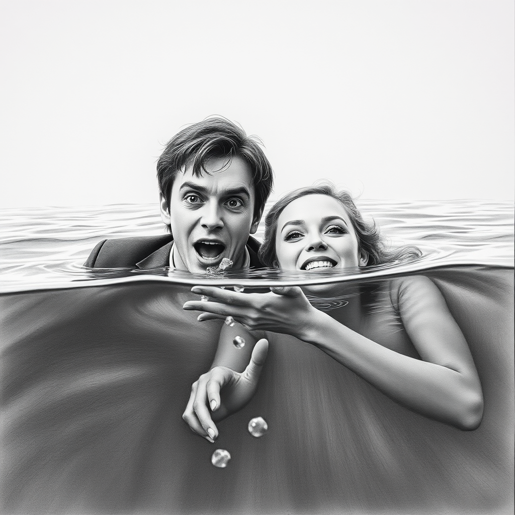 A hyperdetailed photorealistic black and white pencil sketch recreating the iconic scene at the end of Titanic with Jack and Rose floating in the water, only show them making exaggerated funny faces at the camera. Show Rose spitting water at the camera.