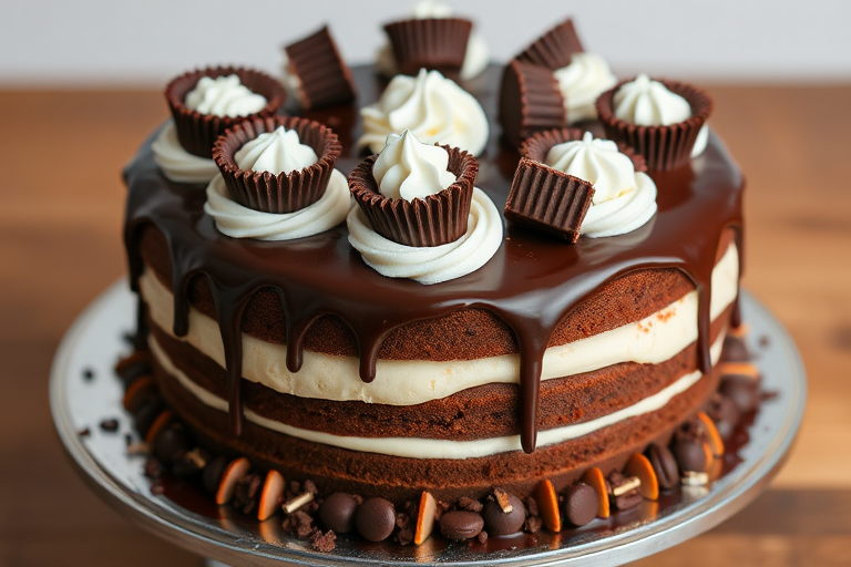 A beautifully decorated chocolate cake with layers of creamy frosting topped with chocolate ganache and dollops of whipped cream, adorned with chocolate cups and crushed candy on the sides, presented on a silver cake stand.