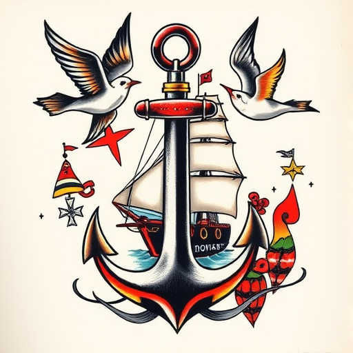 Traditional American tattoo called "Sailor's Legacy" featuring bold outlines thick black shading and bright primary colors depicting classic nautical motifs like anchors ships and swallows