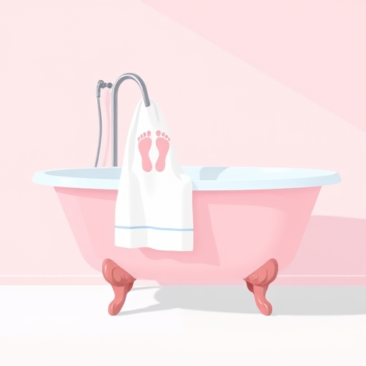 A minimalist illustration of a pink bathtub with a light blue rim and a towel with baby feet printed on it hanging from the faucet, captured with a DSLR camera at f/2.8, 35mm lens, in a soft focus style with natural lighting.