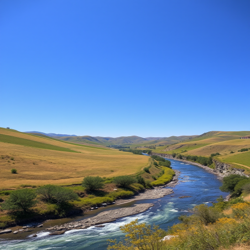 create a detailed and vibrant image of a picturesque landscape featuring rolling hills, a clear blue sky, and a serene river flowing through the scene, shot with a Canon EOS 5D Mark IV camera, using a 24-70mm f/2.8 lens, at ISO 100, aperture f/8, shutter speed 1/250s, in natural lighting for enhanced clarity and depth.
