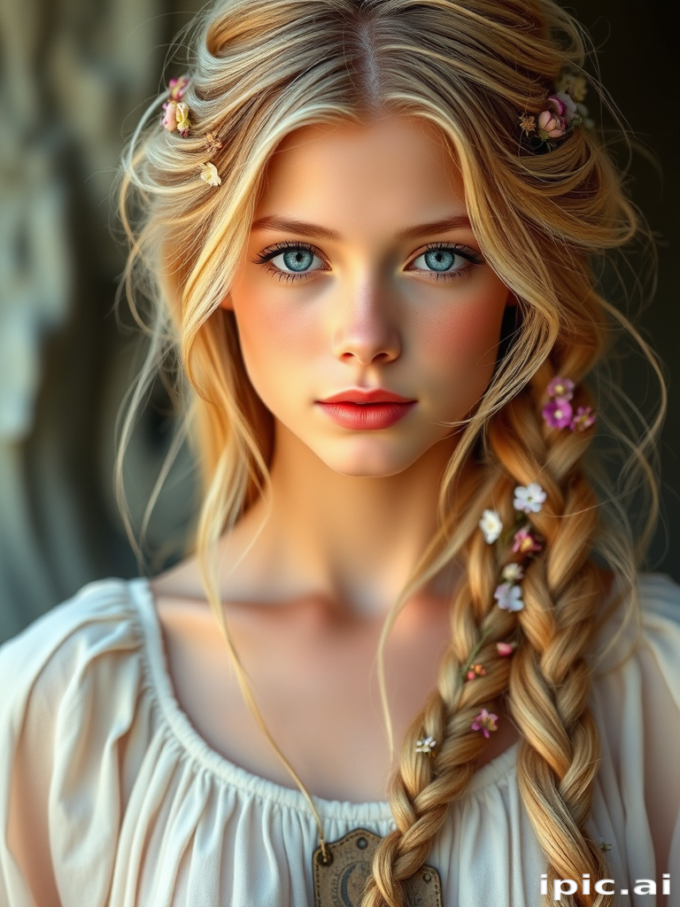 Create an image of a young woman with long, wavy blonde hair, adorned with small, colorful flowers woven into her braids and loose strands. Her complexion is fair, with soft, glowing skin, and she has light blue eyes that gaze softly at the viewer. She wears a light, flowing dress with a gentle, ethereal quality, complementing her delicate and serene appearance. The background is slightly blurred, drawing focus to her tranquil expression and the intricate details of the flowers in her hair. The overall mood of the image is one of natural beauty and grace, evoking a sense of peacefulness and connection with nature.