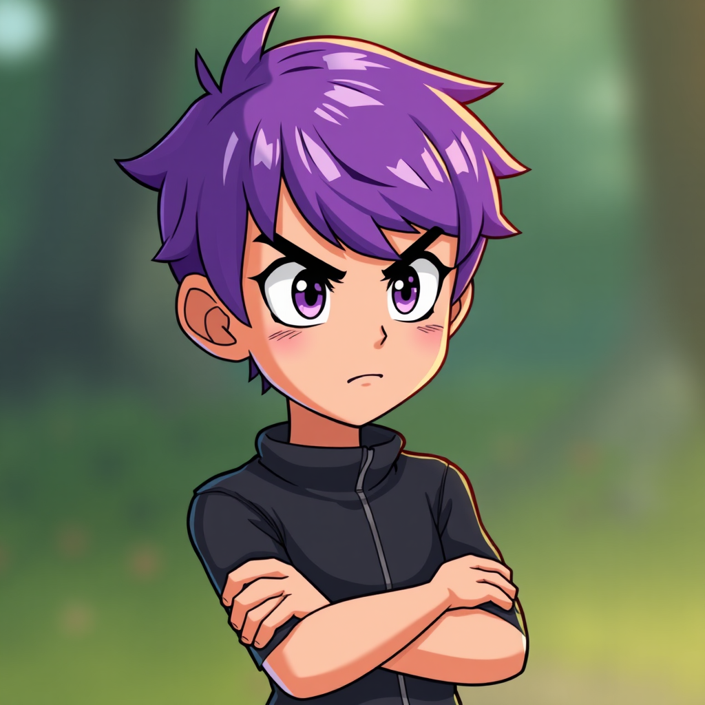 Create a high-resolution vector illustration of an animated character with short purple hair and expressive facial features, capturing a dynamic pose with arms crossed and a determined expression, using a Canon EOS R5 camera with 50mm lens, aperture f/1.8, ISO 100, and a soft focus background to enhance depth and detail.