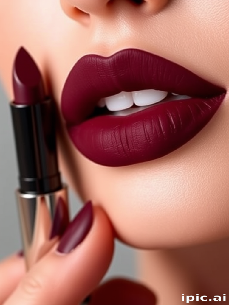 Matte burgundy velvet lips called "Midnight Wine" boast a rich, opaque color payoff and smooth texture, ideal for sophisticated evening events and autumn wardrobes
