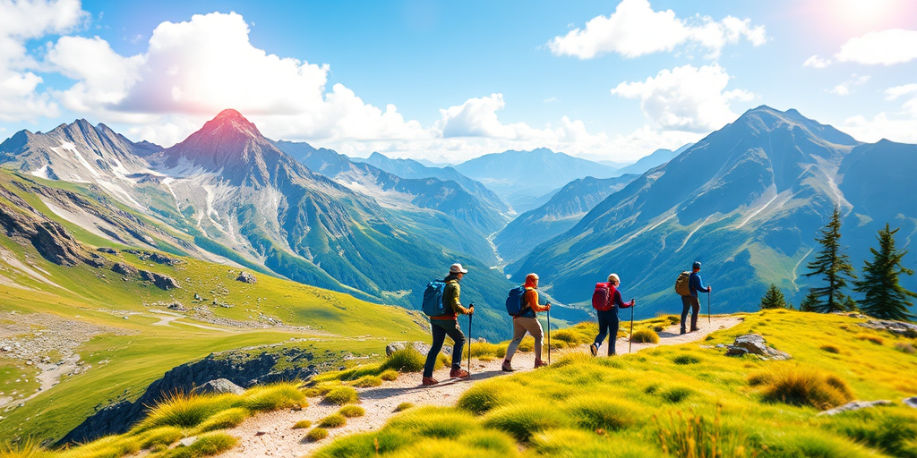 create a digital vector illustration of a scenic mountain landscape with five hikers on a trail, using bright and vibrant colors, shot from a wide-angle view with a soft focus effect, using a digital tablet with a resolution of 300 DPI and a color profile of Adobe RGB