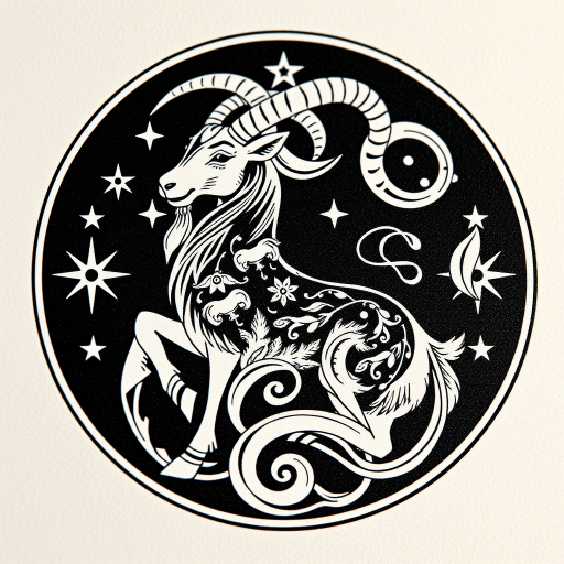 Create an intricate illustration of a Capricorn symbol featuring a detailed goat with starry elements and swirling designs, set against a dark background, captured with a DSLR camera at f/8, ISO 100, 50mm lens, in a macro style to enhance the fine details and textures.