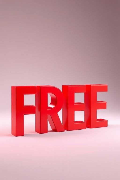 Regenerate a 3D text image displaying the word FREE, with vibrant red color and slight shadow effect, using a DSLR camera, aperture set to f/2.8, ISO 100, 50mm lens, taken from a slightly low angle, with bright studio lighting for enhanced quality.
