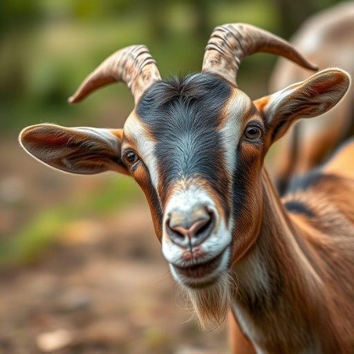 A detailed close-up of a goat standing in a natural environment, soft focus background, natural lighting, DSLR camera, 50mm lens, aperture f/1.8, ISO 200, 1/200s shutter speed.