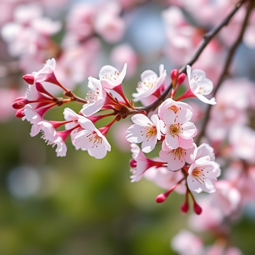 close-up of cherry blossom branches with soft pink flowers, blurred background, natural light, f/2.8 aperture, 50mm lens, shallow depth of field, DSLR camera