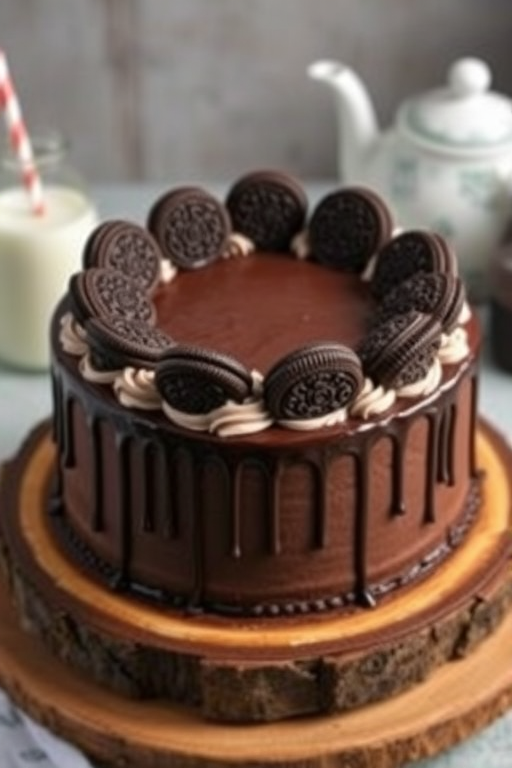 Create an image of a round chocolate cake with a creamy Oreo filling and frosting on top. The cake is decorated with whole Oreo cookies arranged around the edge and has chocolate ganache drizzled down the sides. It is placed on a wooden cake stand with a rustic look, and there are milk and a teapot in the background.