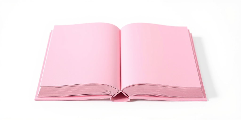 Create a hyper-realistic image of a closed pink book with a glossy finish against a plain white background, captured with a DSLR camera at f/2.8 aperture, ISO 100, 50mm lens, top-down view, using natural lighting for enhanced color vibrancy.