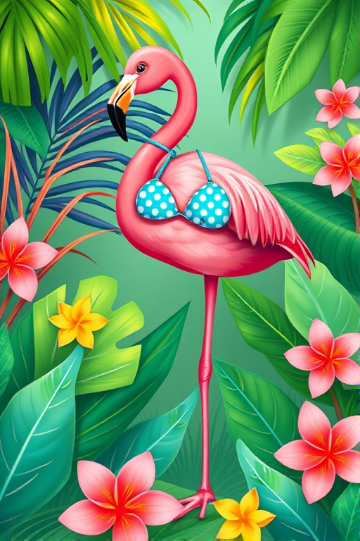 Create a vibrant illustration of a pink flamingo standing on one leg among tropical leaves, with a two-piece polka dot bikini set and bright green flowers, using a Canon EOS R5 with a 50mm f/1.2 lens, aperture set to f/2.8, ISO 100, and a shallow depth of field for enhanced detail and color contrast.