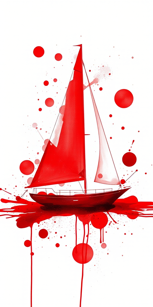 painting a red sailboat on a white background, red paint spots, analytical art, abstract brush strokes, alcohol ink, large spots, splashes of paint drops