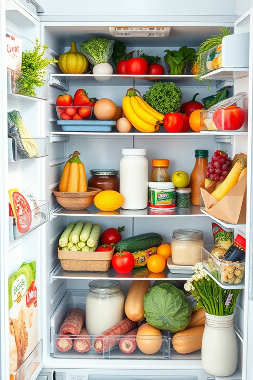 regenerate an image of a refrigerator filled with various food items such as vegetables, fruits, dairy, and meats captured with a DSLR camera at f/8 aperture, ISO 200, 24mm lens, shot in bright, natural lighting from a straight-on view with a slight tilt for depth, high-resolution digital illustration style