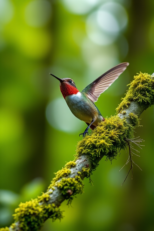 Create an image of a hummingbird perched on a moss-covered branch in a lush forest setting with soft bokeh background, using a DSLR camera with a 300mm lens, aperture set to f/2.8, shutter speed 1/500s, ISO 400, shot from eye level to capture intricate details and vibrant colors.