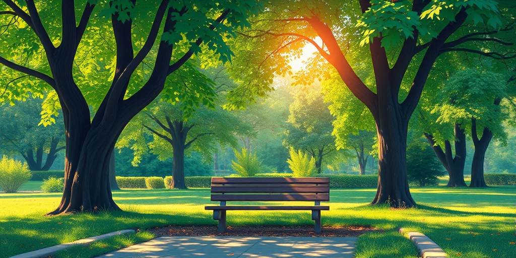 create a serene park scene with lush green trees surrounding a wooden bench, captured with a DSLR camera at f/2.8 aperture, ISO 100, 50mm lens, sunlight filtering through the leaves, in a vibrant and colorful digital illustration style