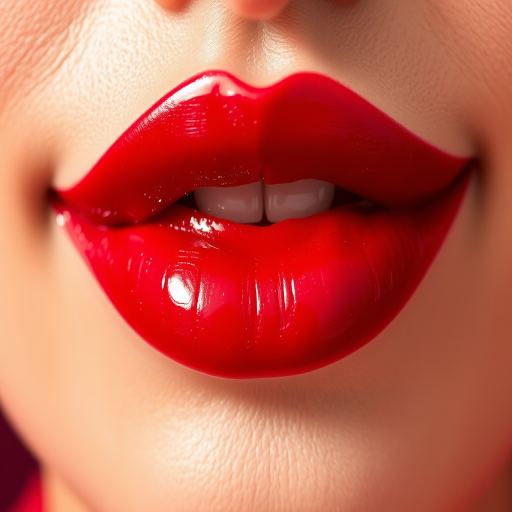 Luscious ruby-red lips with a glossy finish, perfectly shaped and plump, reflecting light beautifully, showcasing the rich depth of color and smooth texture
