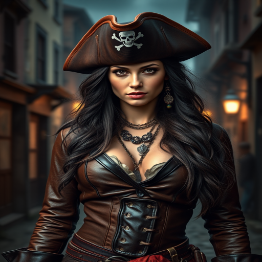 Create a portrait of a fierce female pirate. She wears a leather tricorn hat adorned with a skull and crossbones emblem, and her long, dark hair flows around her face. Her outfit consists of a richly detailed leather jacket, a corset, and multiple layers of belts and accessories, giving her a formidable and stylish appearance. She stands confidently in a dimly lit, historic port town, with a backdrop of weathered buildings and cobblestone streets, capturing the adventurous spirit of a pirate.