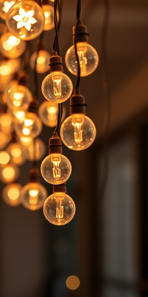 Create a high-resolution image of a decorative string of lights with varying sizes of round bulbs hanging in a layered pattern, captured in a close-up view using a DSLR camera at f/2.8 aperture, 50mm lens, ISO 200, with a soft-focus background for an enhanced depth effect.